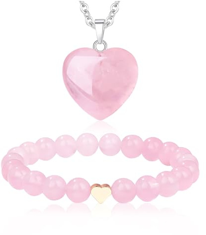 Snyvpra Bracelet en quartz rose pour femme - Perles en pierre naturelle de 8 mm avec cœur en acier inoxydable - Fait à la main - Bracelet porte-bonheur et chaîne en quartz rose - Cadeau pour femmes