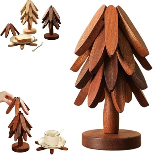 Topfuntersetzer Hitzebeständig,Untersetzer in Baumform,4 Stück Topfuntersetzer Holz& 1 Weihnachtsbaum Aufbewahrt,Faltbare hitzebeständige Pads für Küchenpfannen,Töpfe,Teekanne,Besteck,Tassen Walnut