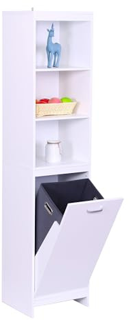 Relaxdays Wäscheschrank, ausklappbarer Wäschesack 44 l, 3 Regalfächer, HBT: 172 x 40 x 35 cm, hoher Badschrank, weiß