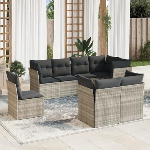 QJBSAVVA 8-TLG. Gartenmöbel Set aus Poly Rattan Hellgrau mit Sitzkissen 55 x 62 x 69 cm Modularer Lounge Sessel für Balkon Terrasse und kleine Gärten