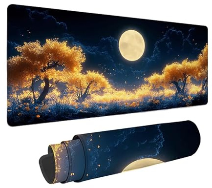 Mauspad XXL 90x40cm, Mauspad Gelb Mousepad Mond Schreibtischunterlage mit 3MM Genähten Kanten Fransenfreie, WassXerdicht Gaming Mousepad für PC Verbessert Präzision und Geschwindigkeit -zjn2509VJ