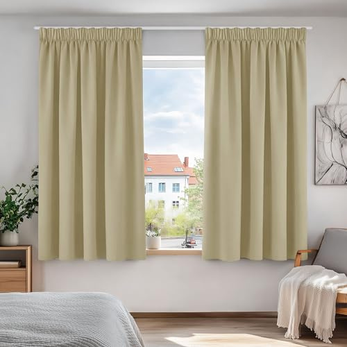 Deconovo Gardinen für Schienensystem Blickdicht Vorhänge UV-schutz Beige | 2er Set, H 160 x B 140 cm, Gardinen mit Kräuselband, Thermovorhang Kälteschutz, Sichtschutz, Gardinen Kurz, Blackout Curtain