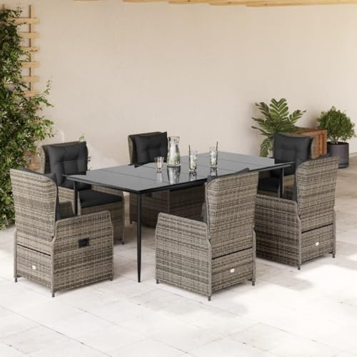 Yunovire 7-TLG. Garten-Essgruppe mit Kissen, Grau Poly Rattan, verstellbare Relaxsessel, 200x100cm Tisch für Terrasse, Balkon, Außenbereich