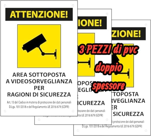 3 Cartello Area Videosorvegliata, Videosorveglianza, Area Videosorveglianza cartello,cartello videosorveglianza in PVC di grosso spessore con GDPR 2003 come normativa 20cm x 30cm 3 pezzi