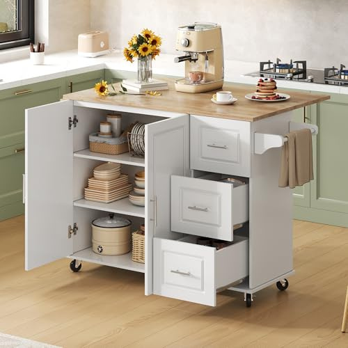 Juabett Küchenwagen mit Klappbarer Arbeitsplatte, Multifunktional Kücheninsel auf Rollen, Mobiler Esswagen mit 3 Schubladen, Gewürz & Handtuchhalter für Küche, Esszimmer,Haus,Weiß,137x43(76) x92cm