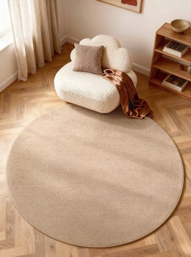 Elle Decoration Puristic - Wollteppich Rund Knots, Natürlich & Handgemacht, Bouclé Teppich Einfarbig, Natur Wohnzimmerteppich, feines Loop Design für Wohzimmer, Schlafzimmer - Beige, Ø 160 cm