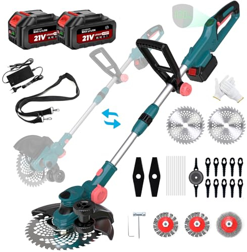 Akku Rasentrimmer mit Akku und Ladegerät, 21V Rasentrimmer für Makita Akku, Freischneider Akku - Inkl. 2 X 4.0Ah Batterie, Rasentrimmer mit Unkrautbürste, 90° Schwenkbarer Kopf, für Garten (Blau)