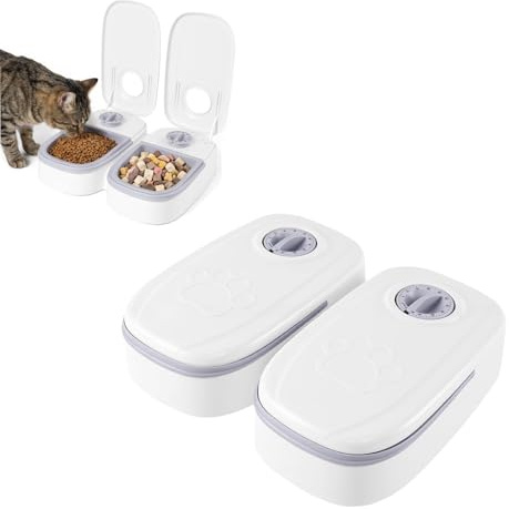 Dual Bowl Automatic Pet Feeder, 2-Meal 700ML Cat & Small Dog Food Dispenser with 48H Timer, Removable Bowls, Ice Pack Ready, Battery Operated, Portable Design