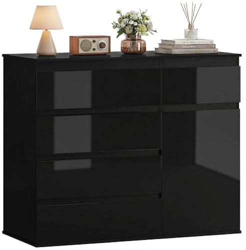 HOMCOM Kommode mit 5 Schubladen Soft-Close-Tür 100 x 40 x 80 cm Schwarz | Hochglanz Sideboard, Schubladenschrank mit Verstellbarem Regal, für Wohnzimmer und Schlafzimmer