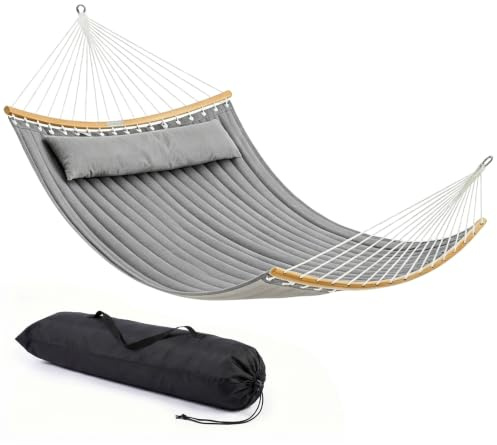 Sekey XXL Hängematte ohne Gestell für 2 Personen, 140 x 200 cm Gesteppte Doppelhängematte, bis 200 kg belastbar, inklusive Nackenkissen & Tragetasche, Stabhängematte für Garten Balkon Terrasse, Grau