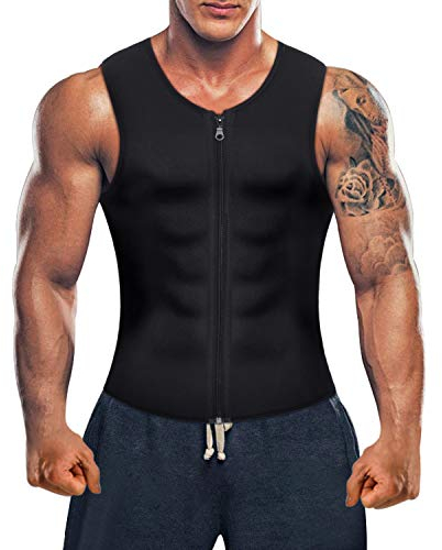 Bingrong Men Waist Trainer Vest for Weight Loss Hot Neoprene Corset Body Shaper Zipper Sauna Tank Top Workout Shirt, Black, M