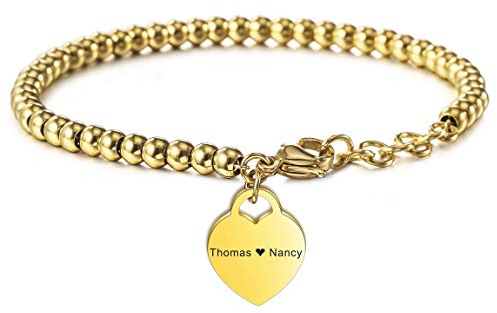 VIBOOS Personalisierte Armband Gravur Namen für Frauen Mädchen Edelstahl Verstellbare Knöchelperle Link mit Herz Brautjungfer Geschenke Bester Freund Armbänder Angepasst (Gold Farbe)
