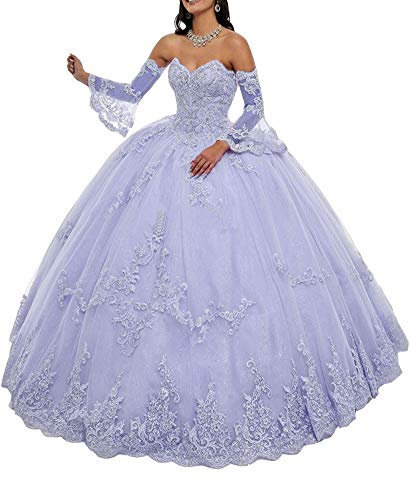 Snow Lotus Vestido de quinceañera de tul con apliques en el escote corazón para mujer, vestidos de baile de tul con cuentas, Lila, 38