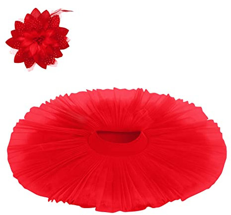 Damen Professioneller Ballett Tutu Rock Mädchen Schwan 7 lagiger Tüll Ballettrock mit Höschen Harte Organdy Platte Performance Gymnastikrock mit Haarklammer Erwachsene Tanzkleidung Rot S