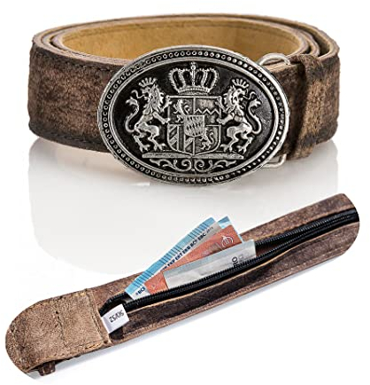 Herren Trachtengürtel Max mit Geheimfach - Echtleder Gürtel für Lederhosen – Ledergürtel mit Geldfach Safe (54/56 (Umfang 93-112cm), Bayern-Angora)