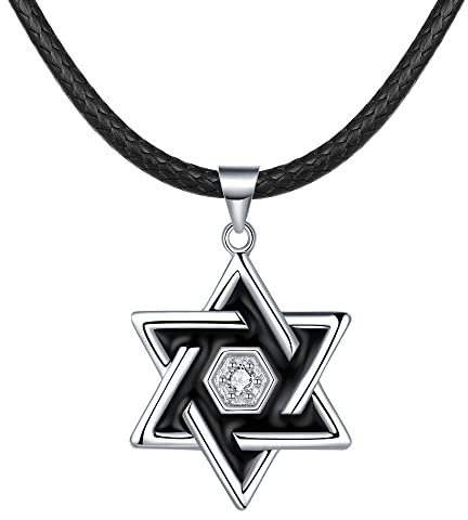 REIOT Collana con Stella di David da Uomo, Ciondolo Stella Ebraica Esagonale con Catena in Corda in Finta Pelle, Gioielli Amuleto da Uomo