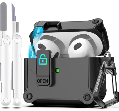 R-fun Compatible con AirPods 3ª Generación 2021 Funda de Carga, Protección Total contra caídas Auto Pop-Up Tapa Compatible con Apple Airpods 3 Gen Funda con Kit de Limpieza y Llavero,Negro