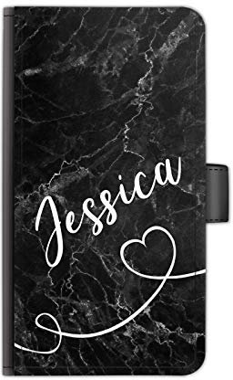 Personalised Initials Phone Case White Heart Name on Black Marble PU Leather Side Flip Wallet Phone Cover for Apple iPhones, 16, 15, 14,13, 12, 11, Pro Max, Mini, XR, XS, SE