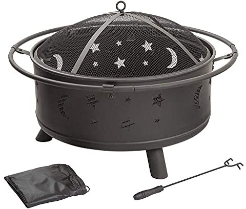 Samnuerly Small firepit,Outdoor Metal Brazier Star Moon Shape Garden Patio Heater Camping Bowl BBQ with Grill Mesh Lid Grate