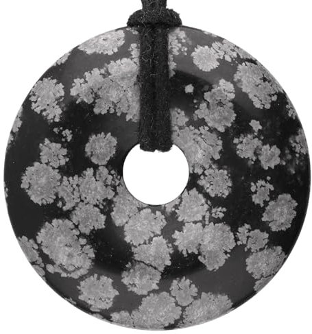 Lebensquelle Plus Edelstein Donut Ø 40 mm + Baumwollband + Edelsteinkarte | Naturstein Anhänger Halskette | Echte Heilsteinkette inkl. Band (Schneeflocken-Obsidian)