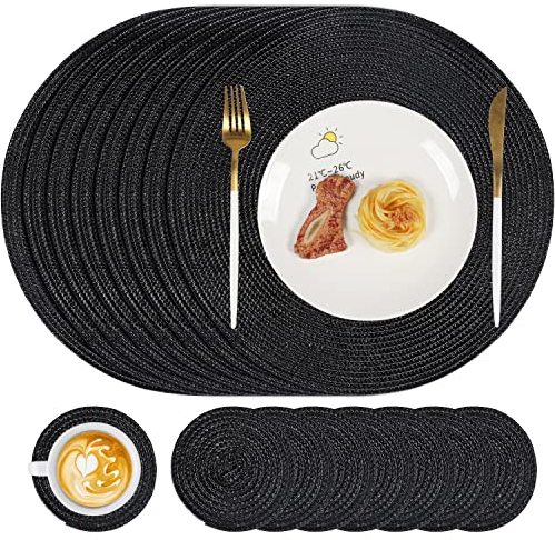 Famibay Placemats and Coaster Sets 8 Round Woven Table Mats Heat Resistant Black Place Mats Washable for Kitchen Dining Table