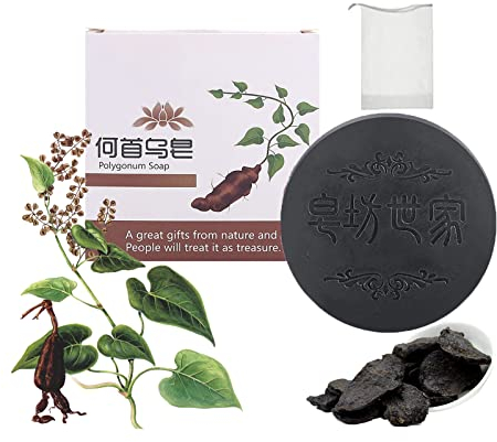 Black & Thick Hair Shampoo Bar, He Shou Wu Shampoo Soap, Hair Darkening Shampoo Bar, Shampoo to Prevent Hair Loss, Black Soap Bar Promotes Hair Growth and Prevents Hair Loss (1Pcs+1*Bubble Net)