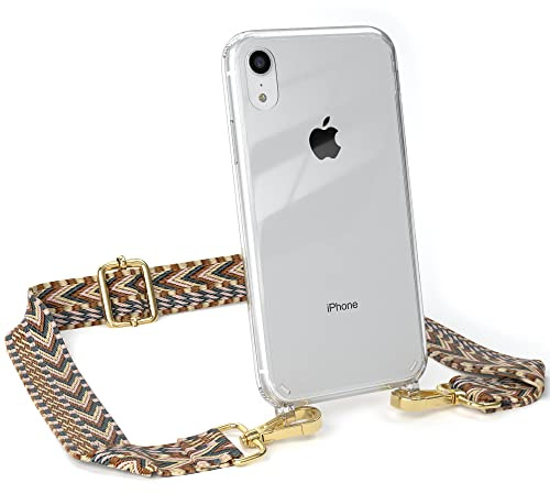 EAZY CASE Handykette - Verstellbares Taschenband kompatibel mit iPhone XR, Schulterriemen, Handykordel mit Silikon Hülle, Umhängetasche, Braun Gold