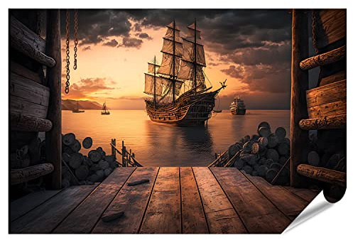 islandburner XXL Bild Poster Piratenschiff im Hafen mit Blick auf alte Segelschiffe Meer Sonnenuntergang Premium Bilder Fotodruck IXXG-PGR