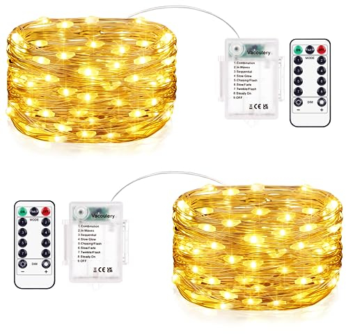 Vacoulery Fairy Lights Battery Operated [Timer & Remote], 2 Packs 10M 100LEDs 8 Modes Outdoor Copper Wire String Lights Small Waterproof Battery Powered Christmas Lights for Jars, Wine, Tree