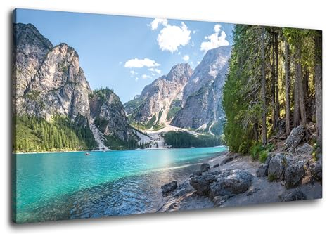 Via Artis Leinwandbild - 100x50 cm XXL Format - Premium Wandbilder für Wohnzimmer & Schlafzimmer - Berge Alpen See - Waldufer am Alpensee