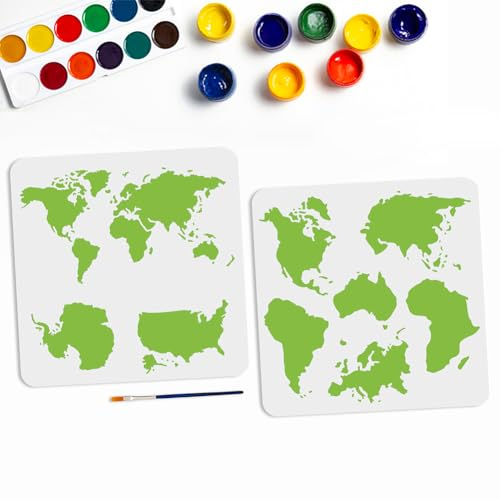 MAYJOYDIY 2 x Weltkarten-Schablonen Globus, Karten-Aufkleber, 30 x 29 cm, mit Pinsel, wiederverwendbare Weltreise-Schablonen für Kunsthandwerk, Kunstprojekte, Wände, Möbel, Heimdekoration