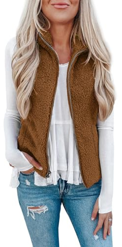 Rapbin - Gilet in Pile da Donna, Senza Maniche, Colletto Alto, Due Tasche Laterali, Caldo e Leggero, Tinta Unita, Marrone