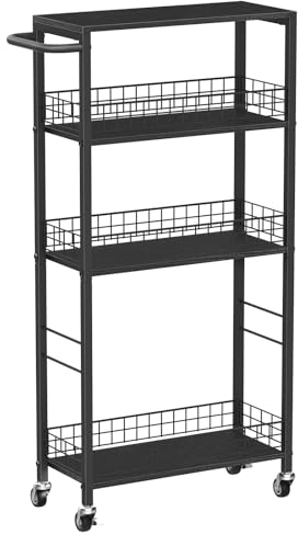 Slim Storage Cart 4 Tier Slim Rolling Cart on Wheels Mobile Narrow Kitchen Cart with Wooden Tabletop Grey Slide Out Slim Utility Cart with Handle for Living Room Laundry Pantry Gap 7.3''Wide