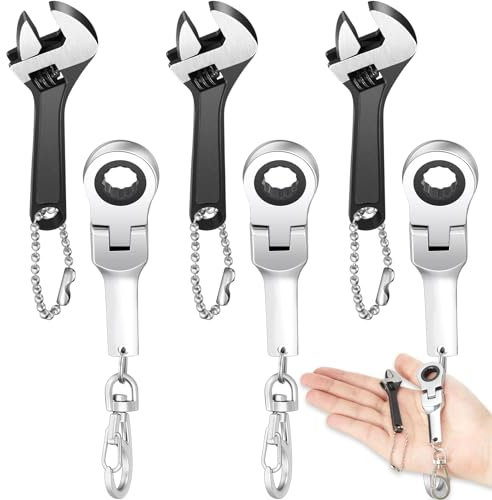 Chumia 6 Sets 10mm Ratchet Wrench Keychain Key Ring and Spanner Set Including 72 Tooth Steel 10mm Socket Wrench Keychain Adjustable High Hardness Mini Spanner for Repair