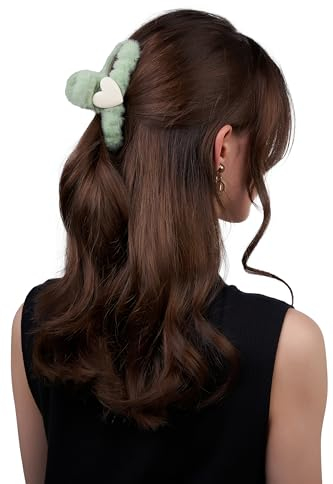 Damen Haarclip Haarspange Haarklemme Haarkrebs Krebs aus Kunststoff Accessoire mit Pelz Herz (hellgrün)