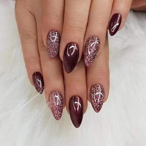 24pcs Short Almond False Burgundy Glitter Press on Nails Sequins Stick on Acrylic Removable Glue-on Full Cover Women Brides Nail Art Accessories
