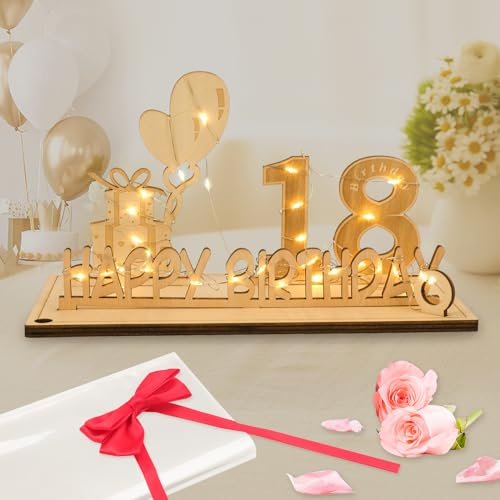 Seutgjie Carte Anniversaire 18 Ans, Décoration d’anniversaire Cadeau Homme Femme avec Chaîne Lumineuse LED & Nœud Papillon & Papier Cadeau, Panneau en Bois Cadeau Argent Décoration de Table Livre d'or