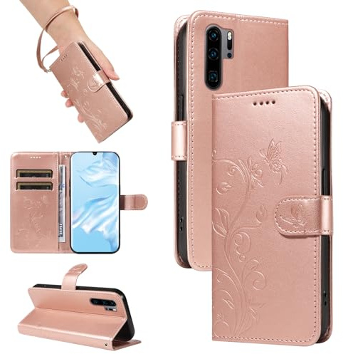 SRISHP Hülle für Huawei P30 Pro Handyhülle, Rosé Gold | Premium PU Leder, Handyhülle Mit Band, Magnet Flip Case, Kartenfächer, Ständer Klappbar Tasche, Standfunktion Schutzhülle