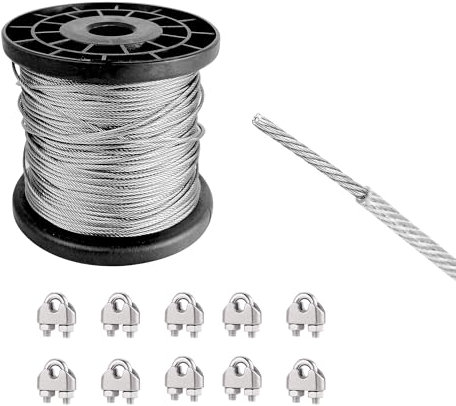 WENLISELL 50m Stainless Steel Wire Cable with M3 Cable Clamp, 7x7 Strand Core 3mm Wire Rope for Garden, Fence, Hanging