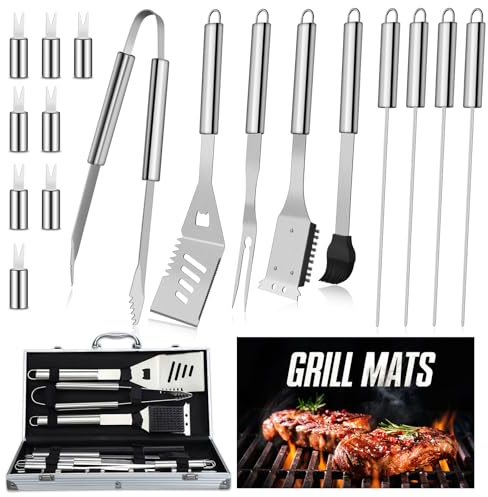DRAGON RIOT Grillbesteck Set aus Edelstahl, 19 Stücke Grillset für Männer Geschenk, Premium Grillzubehör Set mit Spatel im Alukoffer, BBQ Grillbesteck Koffer Hochwertiger Grill Set für Garten, Camping