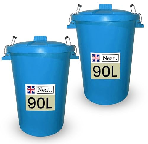 Neat. 90L Bin Coloured Large Plastic Bins, Heavy Duty Kitchen Bin with Metal Handle Dustbin with Lid For Easy Refusal, Garden Bin Indoor Outdoor Rubbish Waste, Storage of Animal Feed, Sky Blue-2Pack