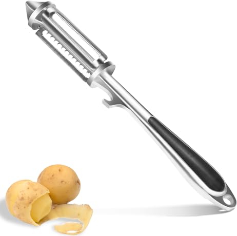 Alyvisun 3 in 1 Sparschäler/Julienneschneider/Flaschenöffner aus Zinklegierung, Universalschäler mit Rutschfesten Griff, Schnelles Schälen von Verschiedener Obst und Gemüse