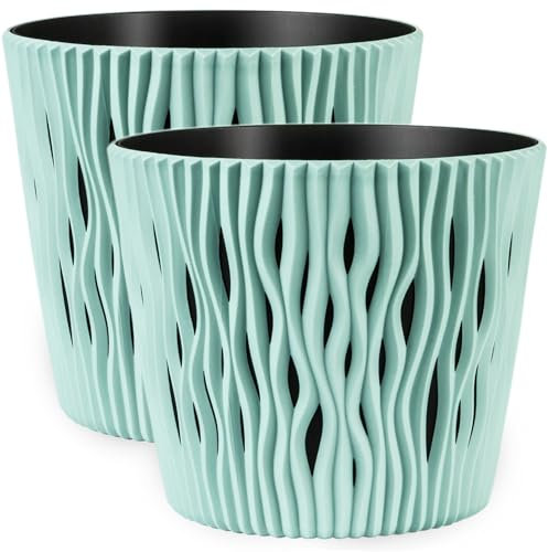 PECZEKO Macetas mate – Macetas decorativas para flores y hierbas, duraderas y ligeras, redondas, de plástico, para salón y comedor, cocina, terraza, balcón, juego de 2 unidades (verde, diámetro 26 cm)