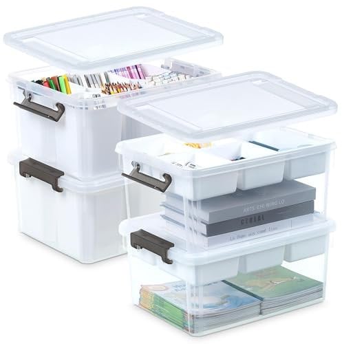 Citylife 2+2 Aufbewahrungsboxen mit Deckel, 16L aus Kunststoff mit Gebäude Grundplatte Deckel und abnehmbarem Tablett, Craft Veranstalter | Clear Storage box für die Organisation von, Perle, Werkzeug
