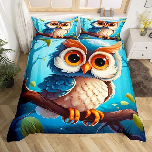 Homewish Housse de Couette 140x200 Hibou avec 1 Taie d'oreiller, Parure de Lit Oiseau de Dessin Animé, Sets de Housses de Couettes Imprimé Animal Mignon, Couvre Lit Jungle Boisée Vie Sauvage