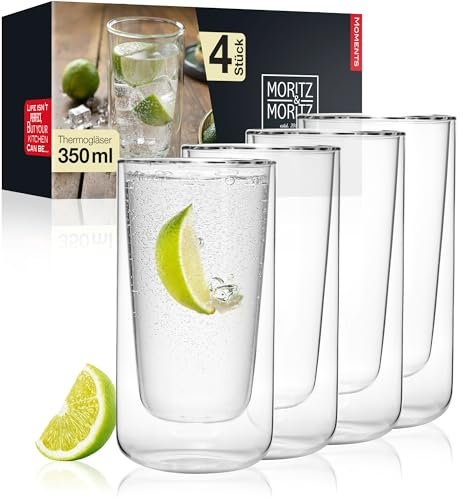 Moritz & Moritz 4x 350 ml Trinkgläser Set Doppelwandig - Doppelwandige Gläser für Cocktails, Wasser, Tee, Kaffee oder Longdrinks - Spülmaschinengeeignet