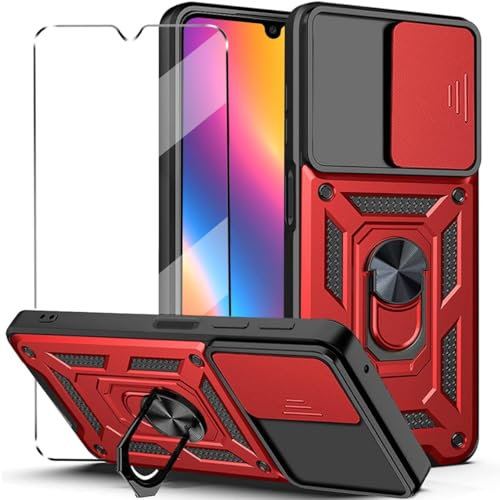 OPPO A60 2-in-1 Tempered Glass Case with Slide Camera Protection Cover Screen Protector Heavy Duty Military Grade Protective Cover phone holder Case, Red