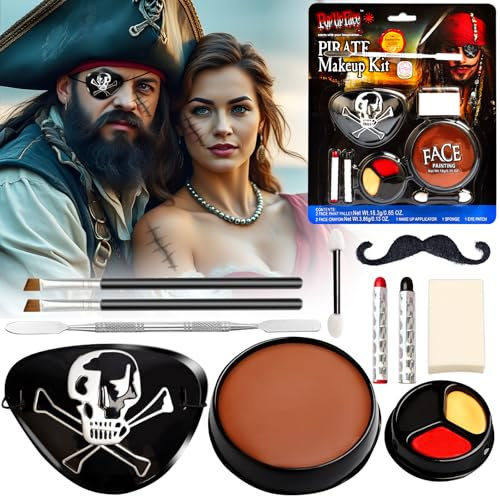 Naturas Bouqutis Kit Maquillaje de Pirata Halloween Profesional Niños Adulto, Pinturas cara para Niños Halloween, Halloween Maquillaje: Parche Pirata, Barba Pirata, Pintura Facial, Accesorios Pirata