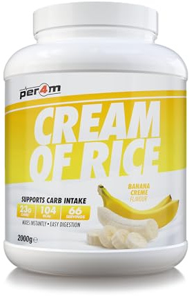 Per4m Cream of Rice, schnell verfügbare Reiskohlenhydrate, leicht verdaulich & magenfreundlich, füllt Glykogenspeicher effektiv auf, als Pre- & Post-Workout-Mahlzeit für Sportler – Bananen-Creme – 2kg