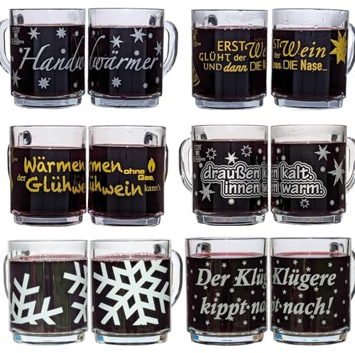 Glasveredlung Schmitz Glühweinbecher Glühweintasse 27 cl, schwere Ausführung 320 g, stapelbar, gehärtet, Füllstrich 0,2 l, Dekore 6-fach sortiert, 36 Stück